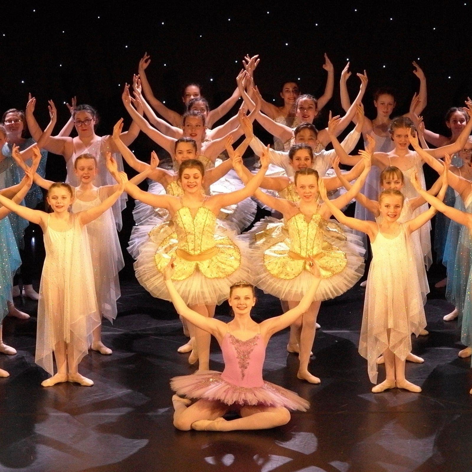The full company posing on stage in pastel costumes against a starry backdrop